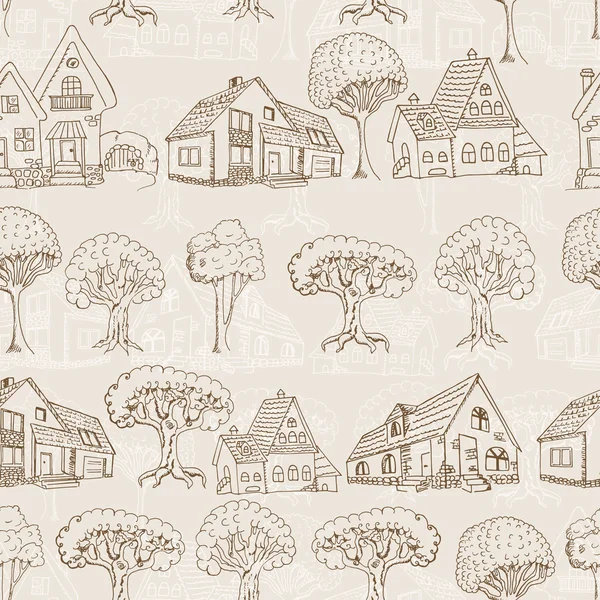 Seamless pattern with houses and trees. Hand drawing