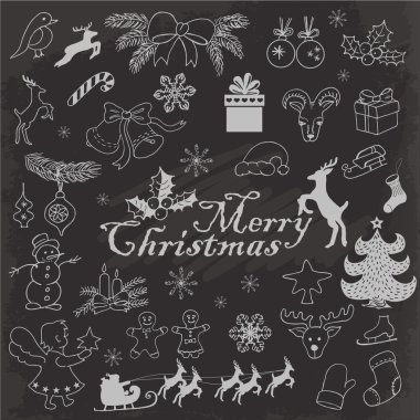 Karanlık bir arka plan üzerinde Noel nesneleri kümesi. Vektör el çizim kroki çizim