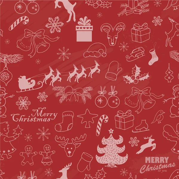 赤の背景にシームレスなクリスマスのパターン。ベクトル手図面スケッチ図 — ストックベクタ