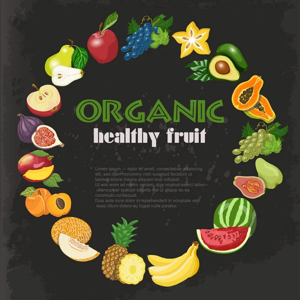 Vector background with diet and organic fruits on dark background — Stock Vector