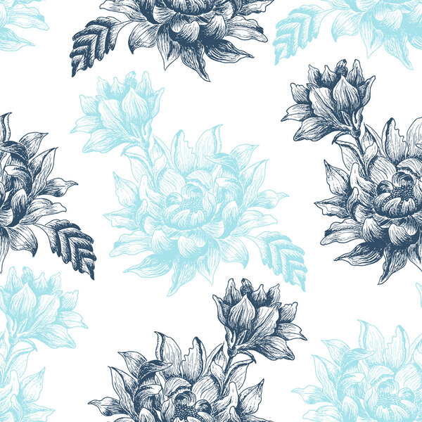 Seamless pattern with blue  flowers on a white background