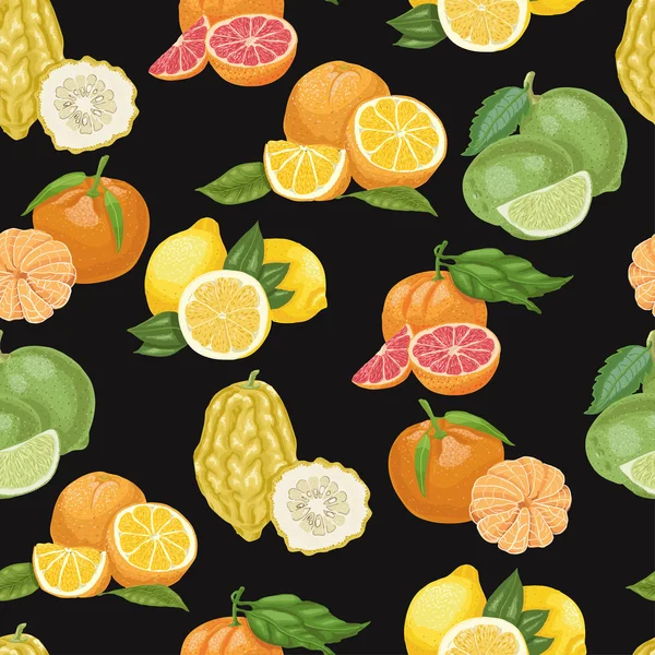黒い背景に柑橘系の果物とのシームレスなパターン — ストックベクタ