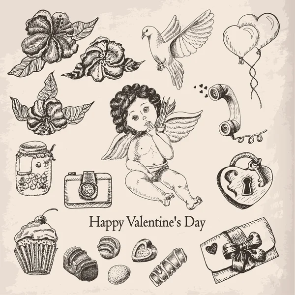 Set de vectores 3 de colección de día de San Valentín vintage dibujado a mano — Archivo Imágenes Vectoriales