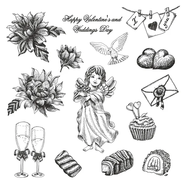 Conjunto vetorial de coleção de dia vintage valentine desenhado à mão e casamentos — Vetor de Stock