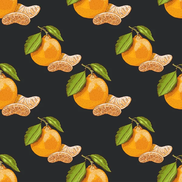 Seamless pattern with mandarins on dark background — Stock Vector