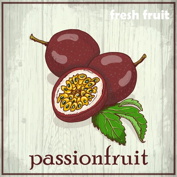 Hand drawing illustration of passionfruit. Fresh fruit sketch background — Stock Vector