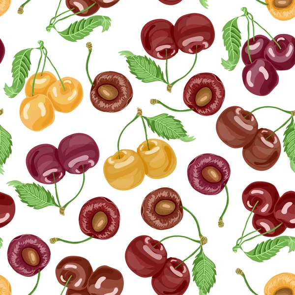 Motif sans couture avec des cerises sur fond blanc — Image vectorielle