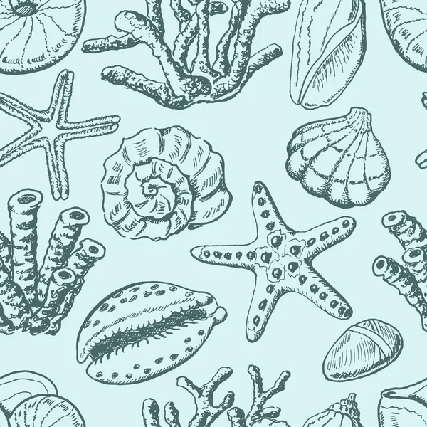 Motif sans couture avec coquilles, corail et étoiles de mer sur fond bleu — Image vectorielle