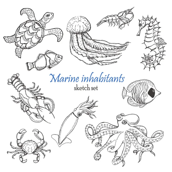 Векторная коллекция морских обитателей в стиле эскизов — стоковый вектор