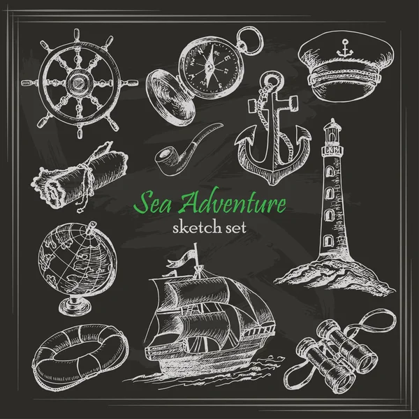 Vector collection of Sea Adventure in sketch style on dark background — Stock Vector