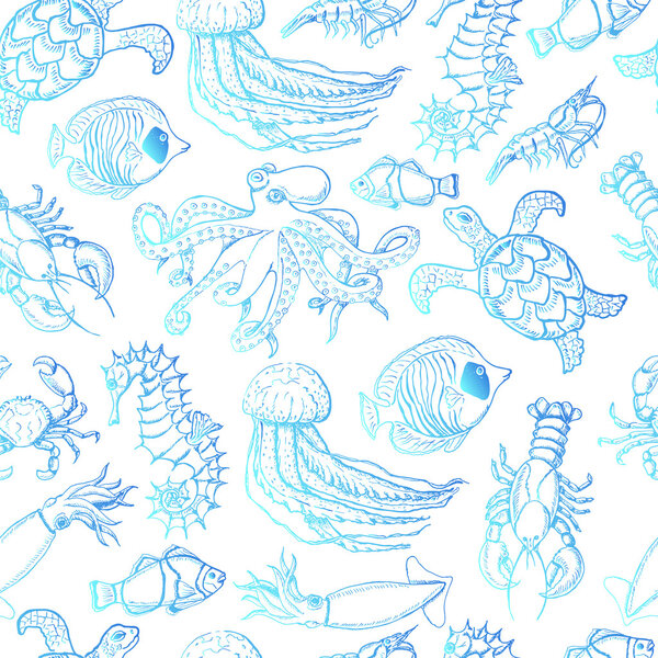 Seamless pattern with sea inhabitants on a white background