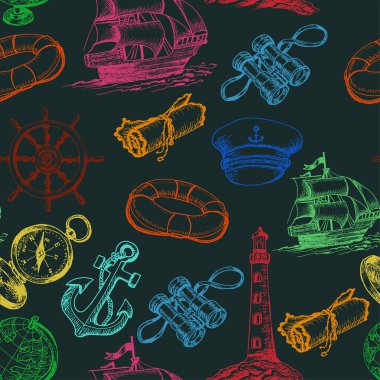 Koyu arka plan üzerinde renkli deniz macera unsurları ile Seamless Modeli