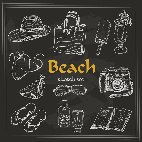 Colección vectorial de elementos de verano en estilo sketch sobre fondo oscuro — Vector de stock