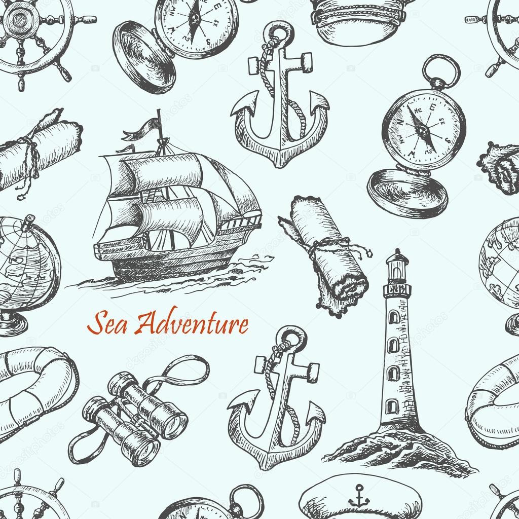 Seamless pattern with Sea Adventure elements in sketch style