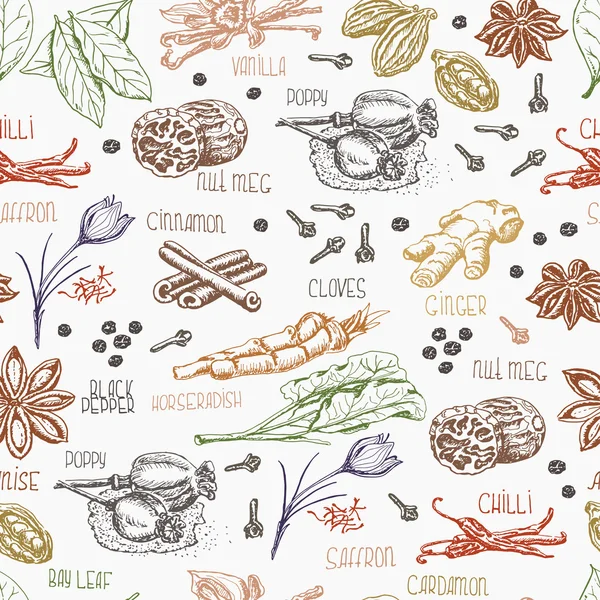 Seamless pattern with multi-colored spices on white background — Stock Vector