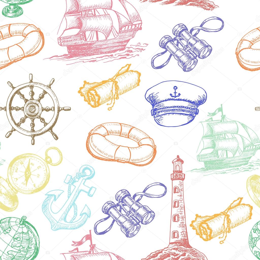 Seamless pattern with colored Sea Adventure elements in sketch style