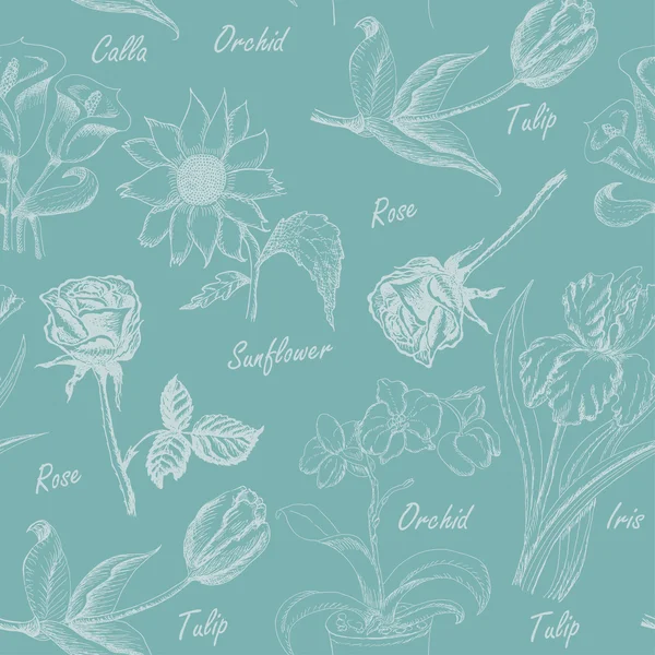 Bezešvé vzor s květinami. Iris, Kala, tulipán, orchidej, slunečnice a růže — Stockový vektor