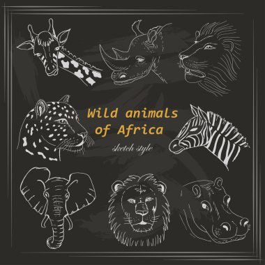 Afrika vahşi hayvanlar kroki tarzı karanlık bir arka plan üzerinde kümesi