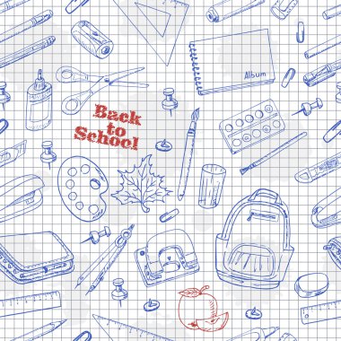 Okula geri bir kağıt üzerine Dikişsiz desen doodles 