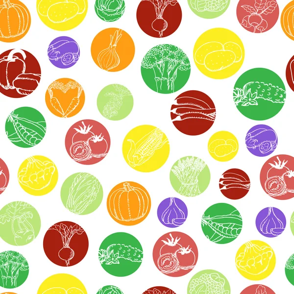 Modèle sans couture avec des légumes en cercles colorés sur un fond blanc — Image vectorielle
