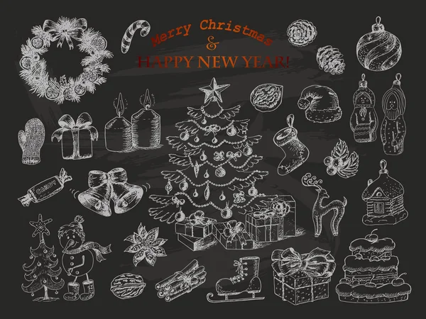 Big set of Christmas decorations in sketch style on the black background. Christmas tree, gifts, wreath, snowman, Christmas toys, balls and more — Stock Illustration Big set of Christmas decorations in sketch style on the black background. Christmas tree, gifts, wreath, snowman, Christmas toys, balls and more Vector Graphics