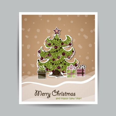 Yeni yıl kartı zarif Noel ağacı ve hediyeler ile