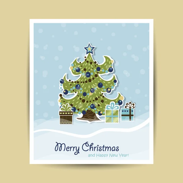 Tarjeta de Año Nuevo con elegante árbol de Navidad y regalos — Vector de stock