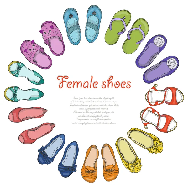 サークルで隔離された女性靴のベクトルの背景 — ストックベクタ