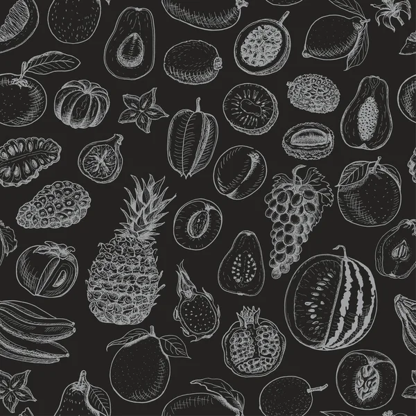 Seamless mönster med frukter på svart bakgrund — Stock vektor
