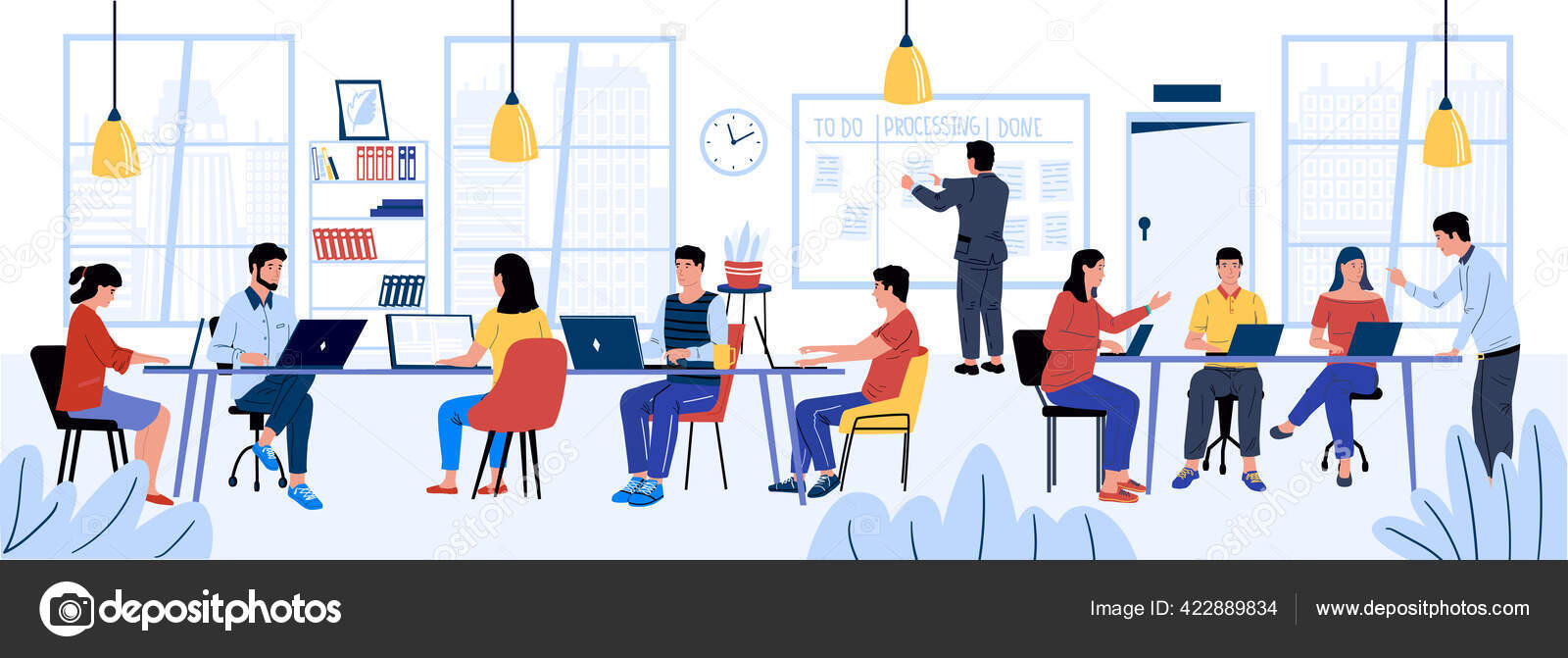 Coworking. Teamwork in modern open space office in city. Cartoon men and  women working together with laptop, people communication and business  process. Vector workplace illustration Stock Vector Image by ©SpicyTruffel  #422889834