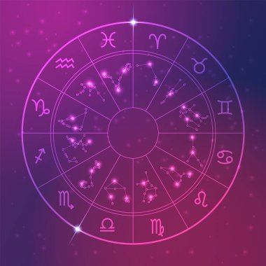 Yıldız falı astroloji çarkı. Takımyıldızlı burç işaretli daireler. Geleceği yıldızlara ve doğum tarihlerine göre tahmin etmek. Akrep, Yay ve Aslan sembollü vektör yuvarlak formu