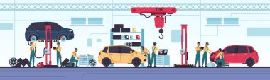 Araba servisi. İşçi ve ekipmanlı oto tamir sahneleri. Araç teşhisi ve tamirci atölyesi. Yedek parçaları, akordu ve yağ değişimini yeniler. Vektör otomobil merkezi kavramı