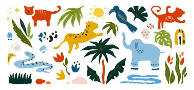 Soyut karalama arkaplanı. Çiçek ve eğri geometrik elementler. Egzotik hayvan şekilleri, maymun ve kaplan veya fil ve yılan. Çocuklar için vektör tekstili ve kağıt şablonu