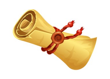 Karikatür antik parşömen. Sarı rulo kağıt kırmızı ip ve balmumu mühür ile bağlanmış. Kağıt üzerinde papirüs el yazması, belge veya harita, Dekorasyon festivali sayfası, vektör logosu şablonu