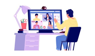 İnternetteki konferans. Video görüşmesi ya da iş görüşmesi, iletişimde yeni bir teknoloji. Arkadaşlarını ya da iş ortaklarını arayan bir adam. Çevrimiçi eğitim ve webinar. Vektör haberci illüstrasyonu