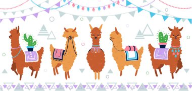 Şirin lama seti. Kaktüslü, bayraklı ve dağ koleksiyonlu komik alpaka karakterleri. Çocukların doğum günü kartları ve aksesuarları için el yapımı tasarım şablonu, düz vektör karakterleri