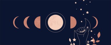 Ay estetiği. Minimalist astronomik evreleri olan Boho mistik astrolojik posteri. Dövme ve tekstil baskı şablonu, esrarengiz semboller. Vektör ay ışığı illüstrasyonu