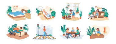 Her gün kadın. Genç bir bayanın her sabah rutini. Şehirde bir kızın olağan hayatı, iş ve boş zaman aktivitesi, hobi ve arkadaşlarla buluşma. Vektör yaşam biçimi izole edildi