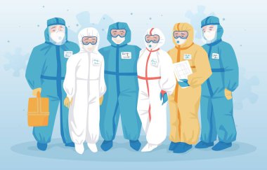 Koruyucu giysiler. Laboratuvar ve hastane çalışanları için tulum, maske ve gözlük. Özel giysiler sağlık çalışanlarını enfeksiyondan korur. Vektör koronavirüs önlemi ayarlandı