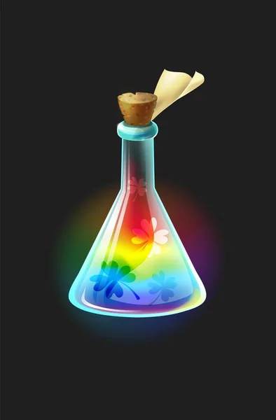 Elixir mágico. Frasco con etiqueta, líquido del arco iris con cuadrifolio, poción de la suerte. Sustancia alquimista, bebida de cuentos de hadas. Computadora videojuego bebida mágica, ilustración de magia vectorial — Vector de stock