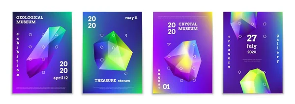 Crystals abstract posters. 3D holographic mineral and realistic gradient gems. Geological museum exhibition or treasure stones gallery template. Vector event advertising banner set — Stock Vector