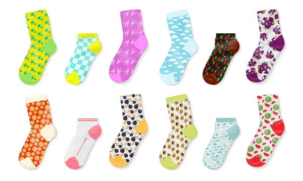 Socks mockup. Realistic colored templates of foot wear, long and short cotton socks product design, clothes with bright fashion ornaments and prints, vector 3d accessories set — Stock Vector