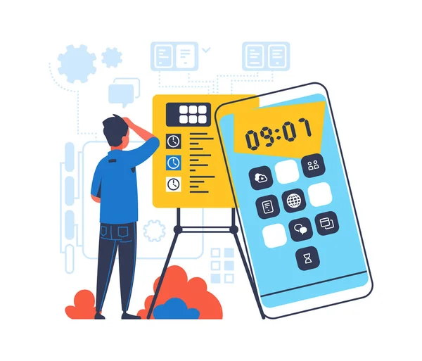 Tidsfrist koncept. Frilansare eller kontorsarbetare i stress. Man och svarta tavlan med mål och klocka på telefonskärmen. Nervös man innan han ger arbete. Tillämpning för hantering av vektortid — Stock vektor