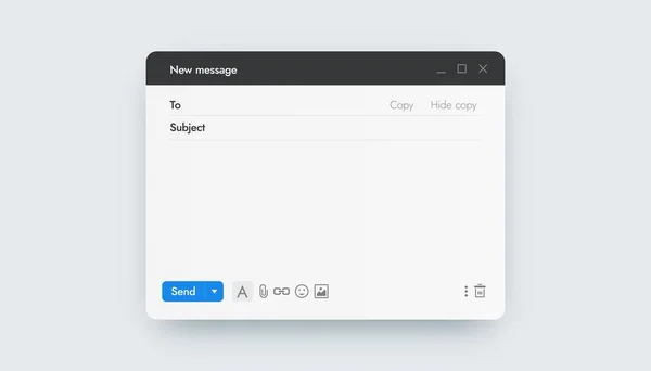 Šablona emailu. Online messenger interface mockup, posílání dopisů přes internet, poštovní aplikace. Obrazovka uživatelského rozhraní s titulem, adresou a tlačítky. Prázdný formulář pro text, vektorové připojení — Stockový vektor