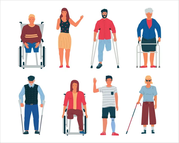 Disable people. Men women with limb injuries, blind or elderly. Handicapped persons in wheelchair, with crutches, plaster and cane. Vector disabilities and limited mobility isolated set — Stock Vector