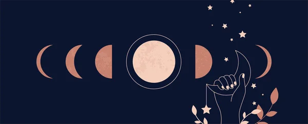 Місячна естетика. Бохо містичний астрологічний плакат з мінімалістичними астрономічними фазами. Шаблон татуювання та текстильного друку для одягу, езотеричних символів. Векторна ілюстрація місячного світла — стоковий вектор