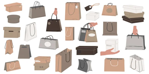 Bolsas de compras de dibujos animados. Comprar ropa, comprar en el centro comercial. Cajas de zapatos de cartón y paquetes artesanales. Paquete de la tienda, contenedor de entrega o presenta maqueta de embalaje. Set aislado vectorial — Archivo Imágenes Vectoriales