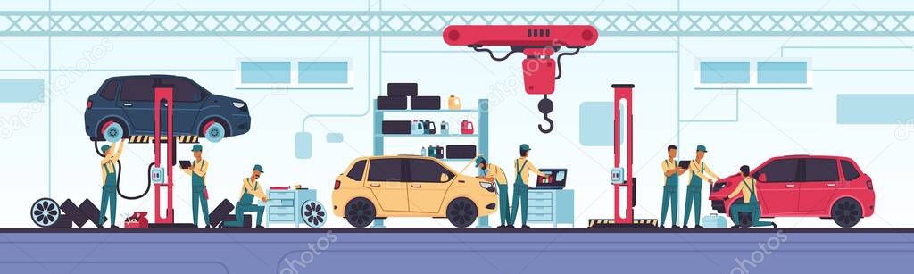 Car service. Auto repair scenes with workers and equipment. Vehicle diagnostics and mechanic workshop. Replace spares parts, tuning and oil change. Vector automobile center concept