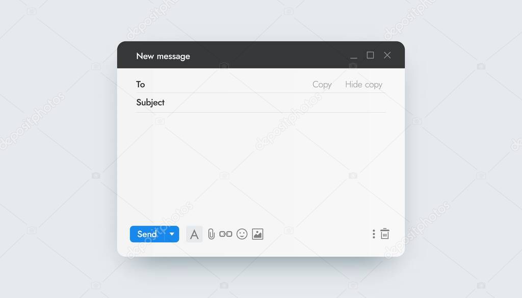 Email template. Online messenger interface mockup, sending letter over internet, postal application. UI screen with headline, address and buttons. Empty form for text, vector connection