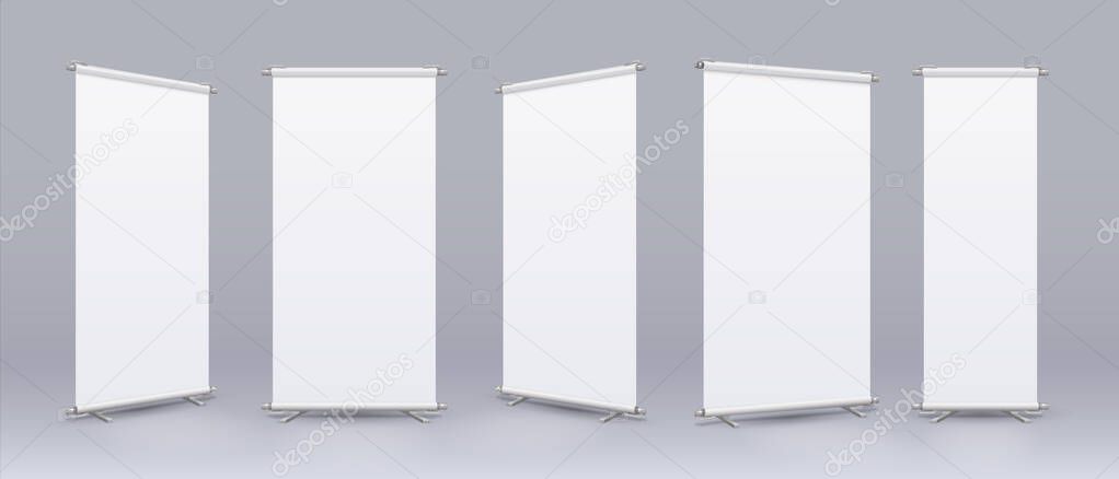 Blank roll banner. Realistic rollup stand mockup, empty billboard with place for text and logo, collection of information display and store advertising template. Vector vertical isolated placard set
